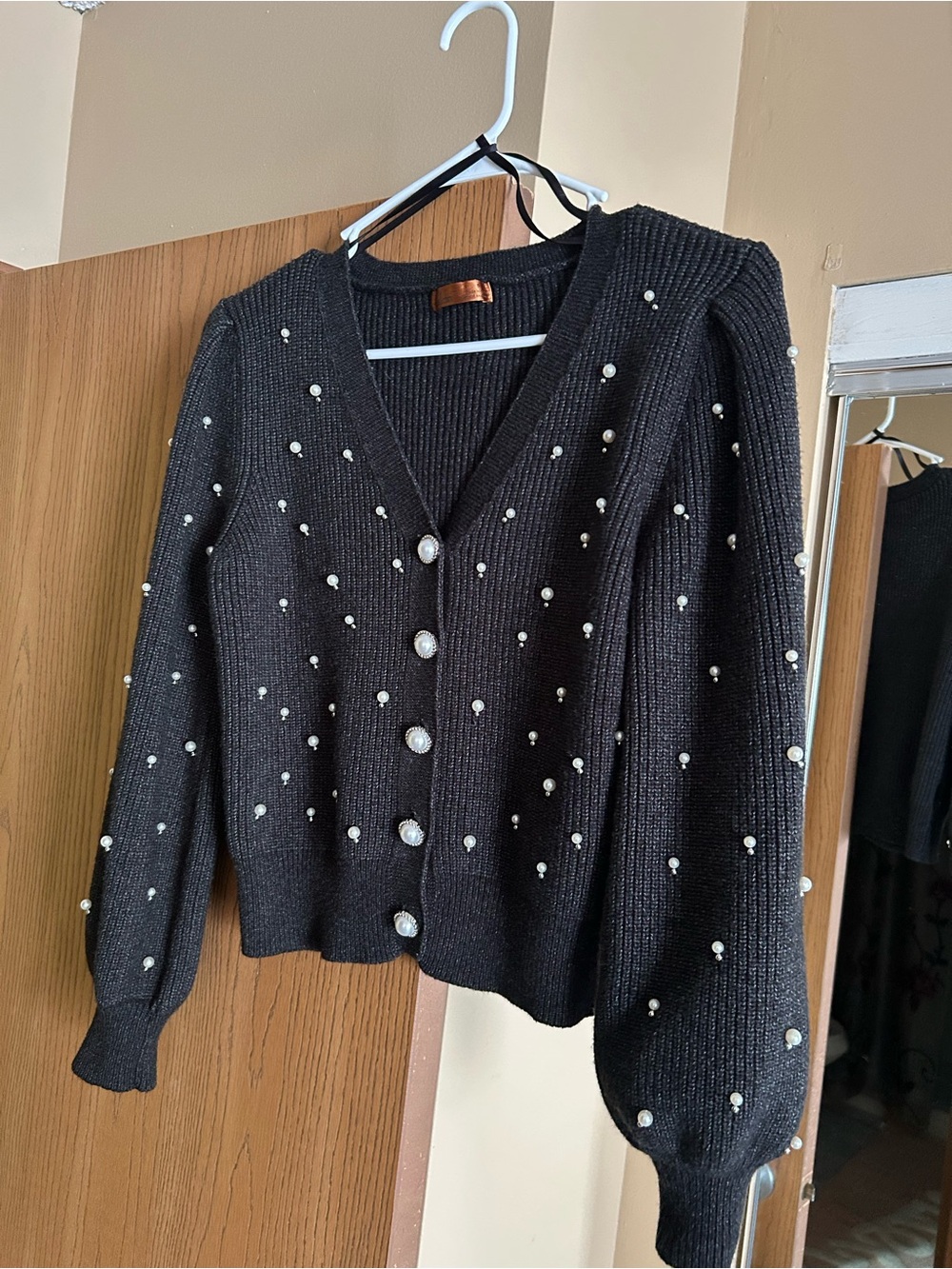 Belldini Black Pearl-Embellished V-Neck Cardigan